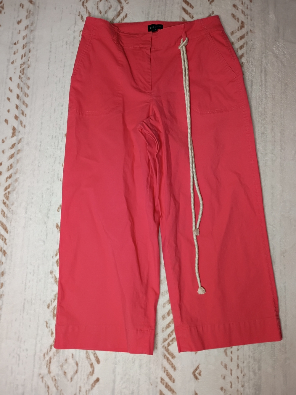 Talbots Coral Pink Crop Wide Leg Pants Size 6 Cotton Blend Rope Belt Summer Boho